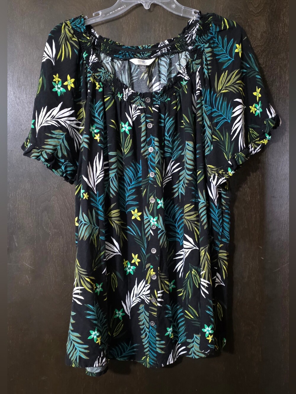 Terra & Sky Tropical Leaves Button-Front Peasant Top Short Sleeve Size 1X